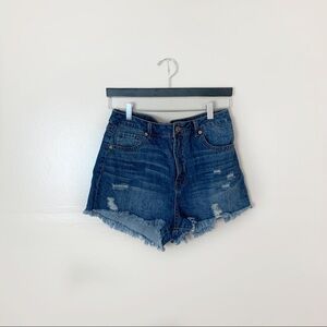 [Rewash] Blue Raw Hem High Waist Denim Distressed Cut Off Shorts